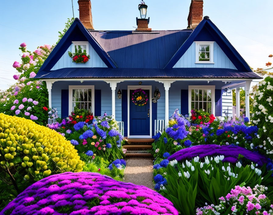 Blue Cottage with Red Roof Surrounded by Flowers and Blue Sky