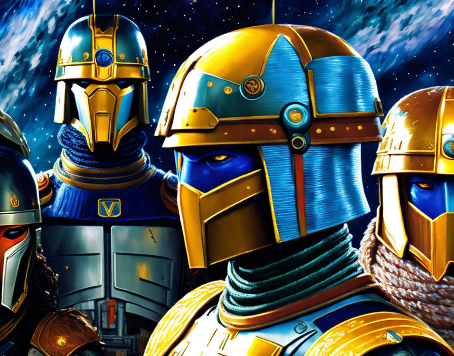 Futuristic soldiers in blue and gold armor with space backdrop