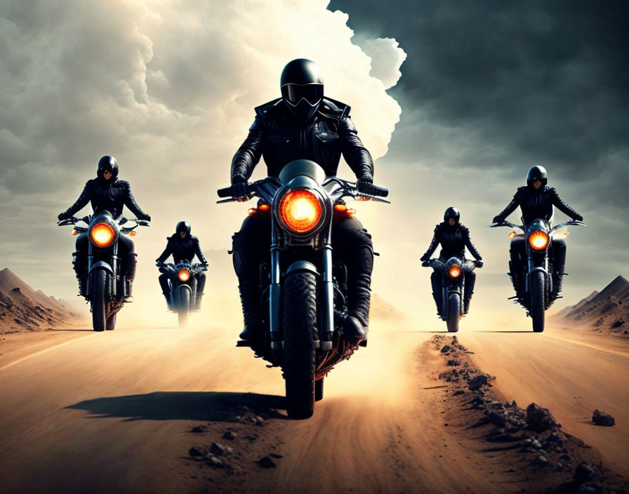 Motorcyclists in black attire riding in formation on desert road