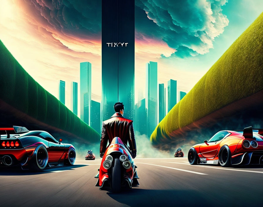 Man in red jacket with futuristic cars on vibrant road