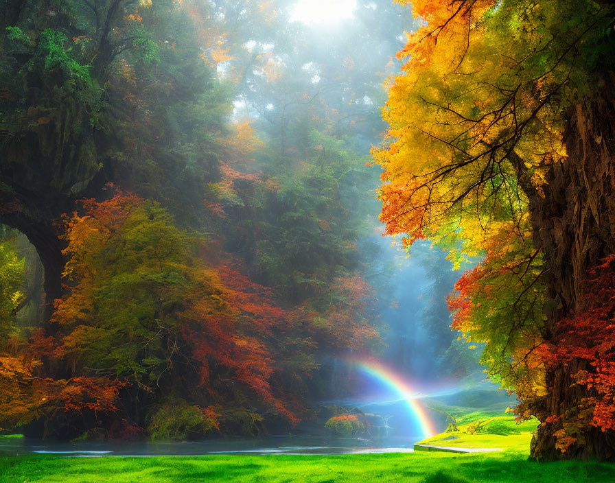 Tranquil forest scene with autumn colors, river, rainbow, sunlight rays