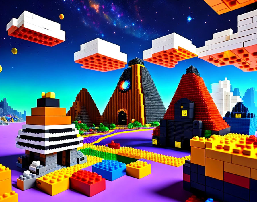 Colorful digital artwork: fantasy landscape with LEGO brick-like structures under starry sky