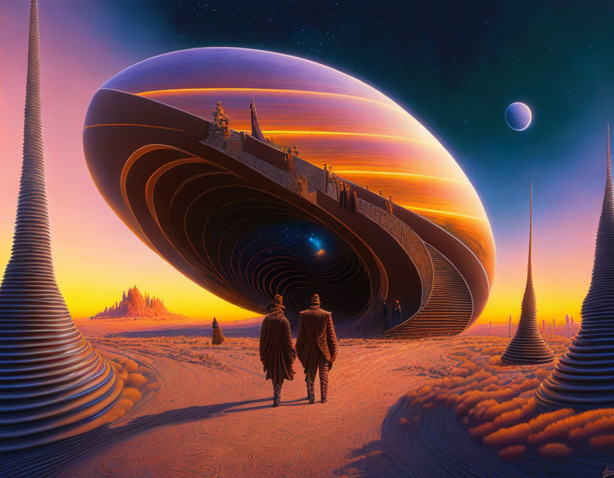 Alien structure on desert planet with two figures - starry sky