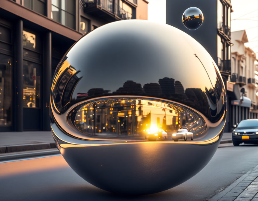 Reflective spherical vehicle on city street at sunset distort urban scenery