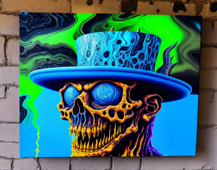 Colorful Skull with Top Hat on Psychedelic Background on Brick Wall