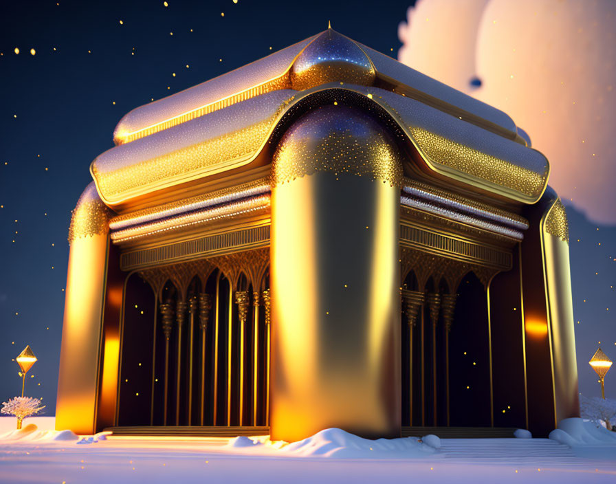 Golden palace with domes and columns in snowy night scene