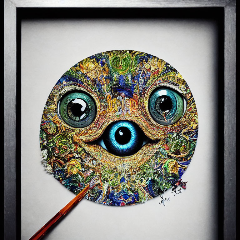 Colorful surreal face with three blue eyes being painted: Detailed artwork.