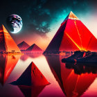 Surreal illuminated pyramids under starry sky with moon reflection