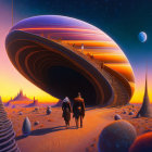 Alien structure on desert planet with two figures - starry sky