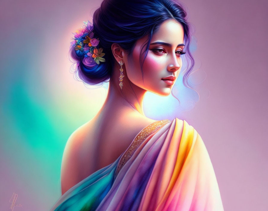 Colorful sari woman with flowers in hair on pastel background