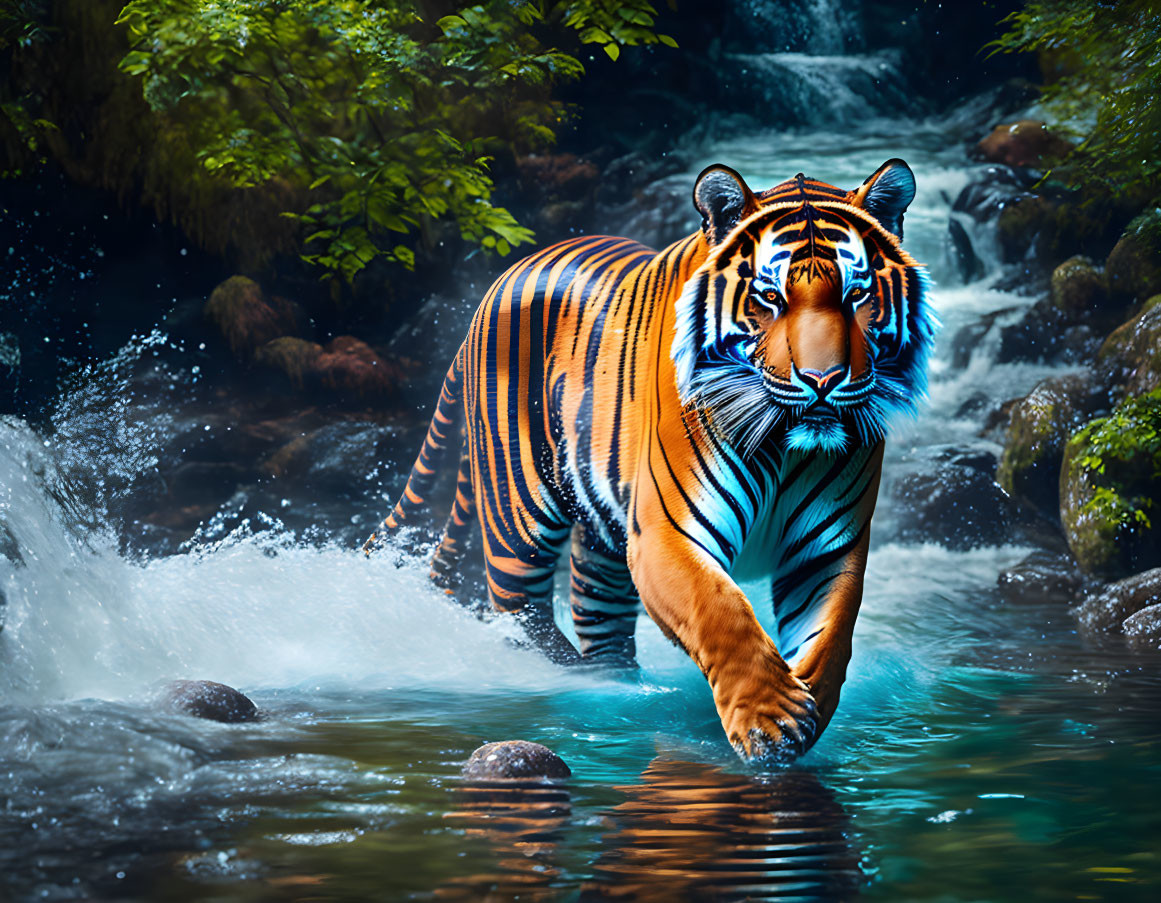 Majestic tiger in lush forest stream with vivid stripes