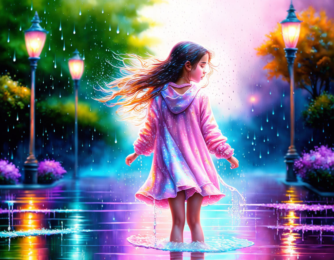 Young girl in pink raincoat splashes in puddle under rainy twilight sky