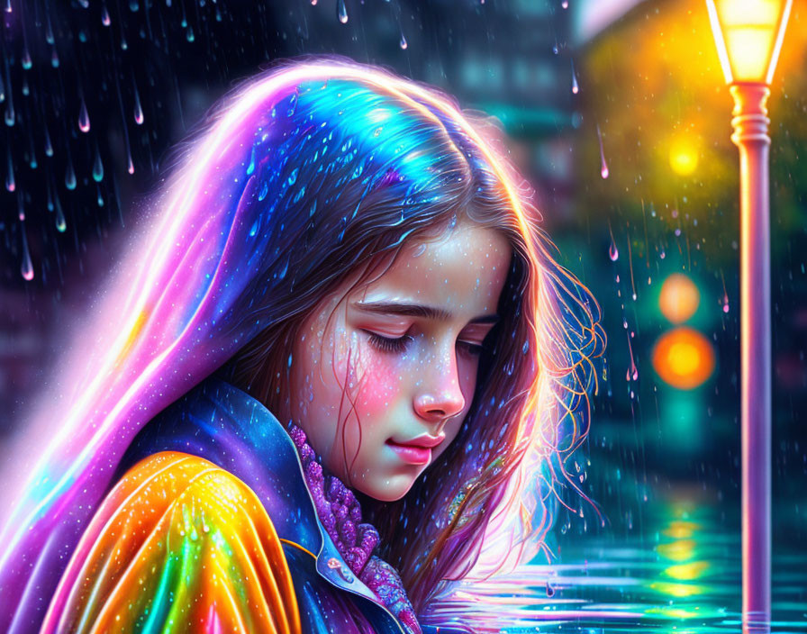 Colorful-haired girl in rain under street lamp creates vibrant, reflective scene