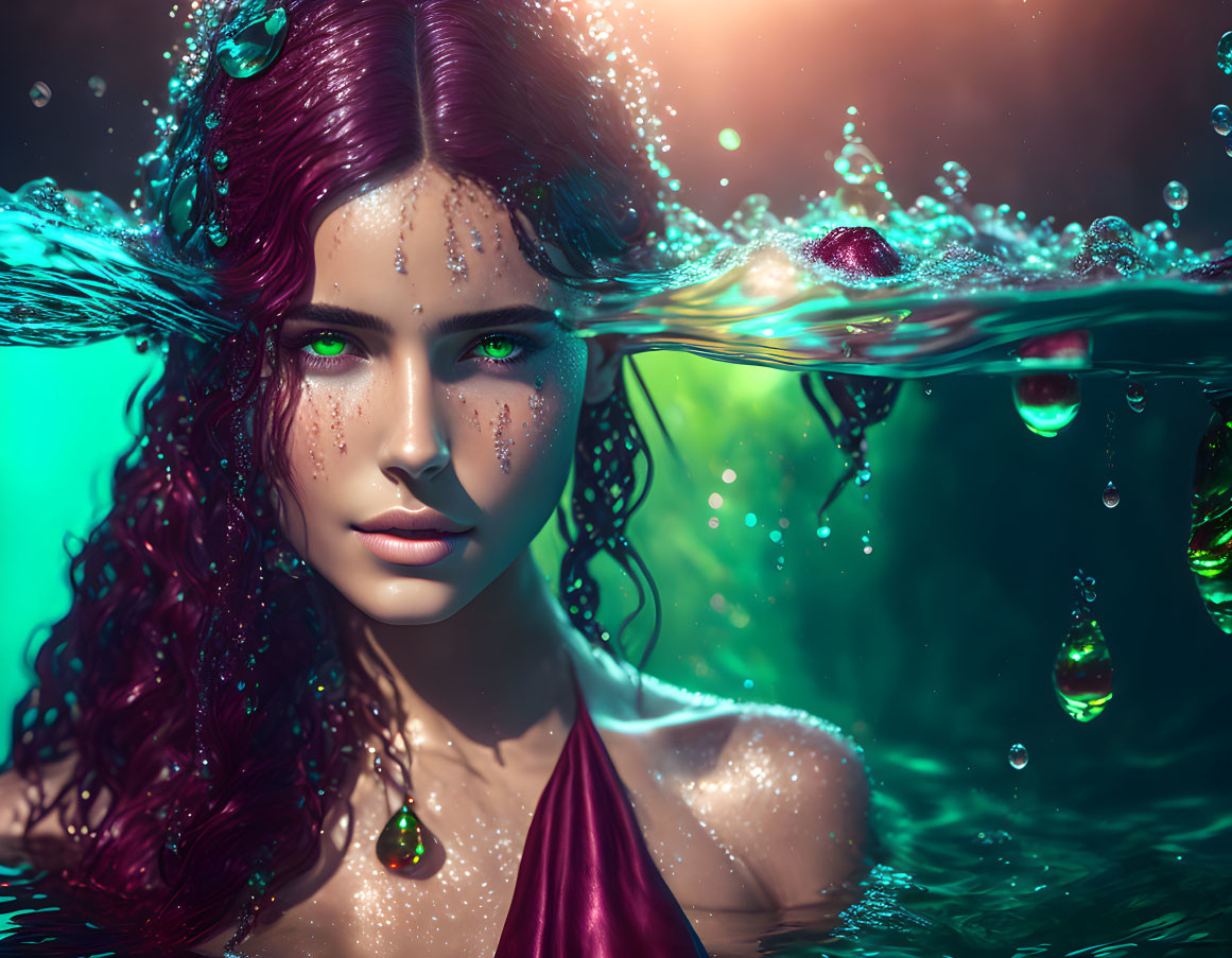 Purple-haired woman emerges from water with green eyes and earrings under striking light