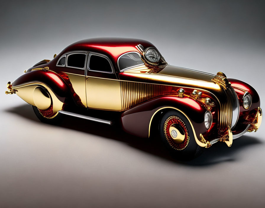 Artistic vintage car with futuristic red and gold design and chrome accents