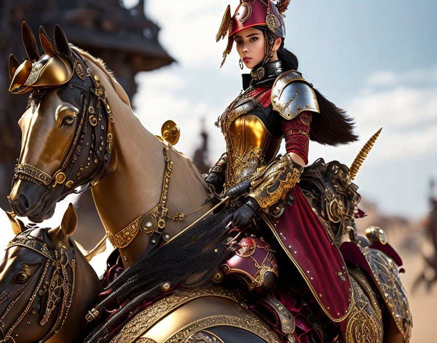 Detailed Figure of Warrior Woman in Red and Gold Armor Riding Horse on Battleground