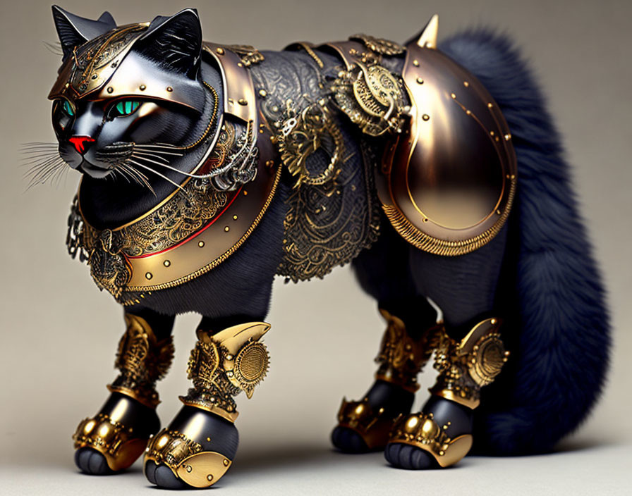 Digital Image: Cat in Golden Armor with Blue Fluffy Tail