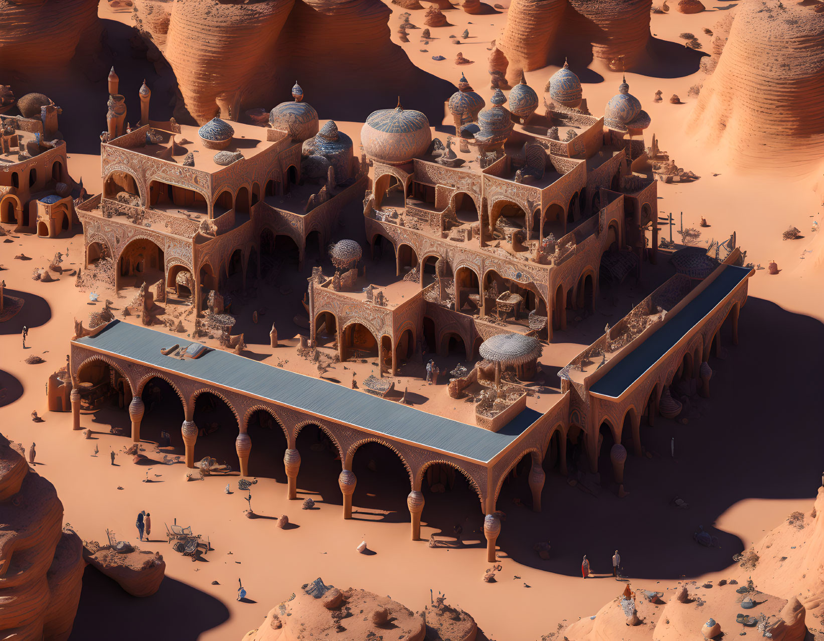 Desert city with domed buildings and sand dunes under clear sky