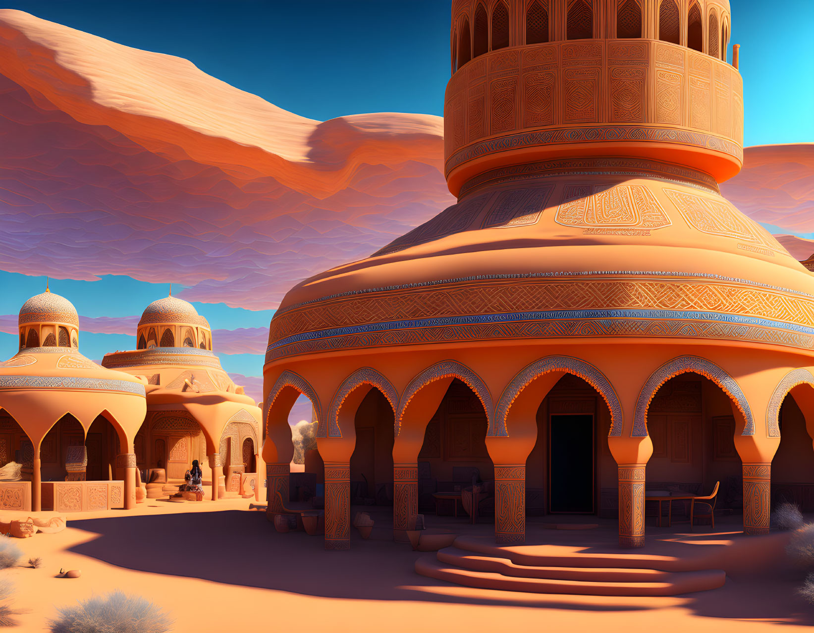 Ornate Golden Desert Palace with Domes and Arches in Middle Eastern Setting