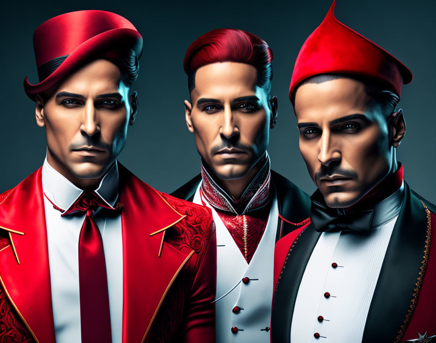 Three men in flamboyant circus ringmaster attire with red and black colors, top hats, and
