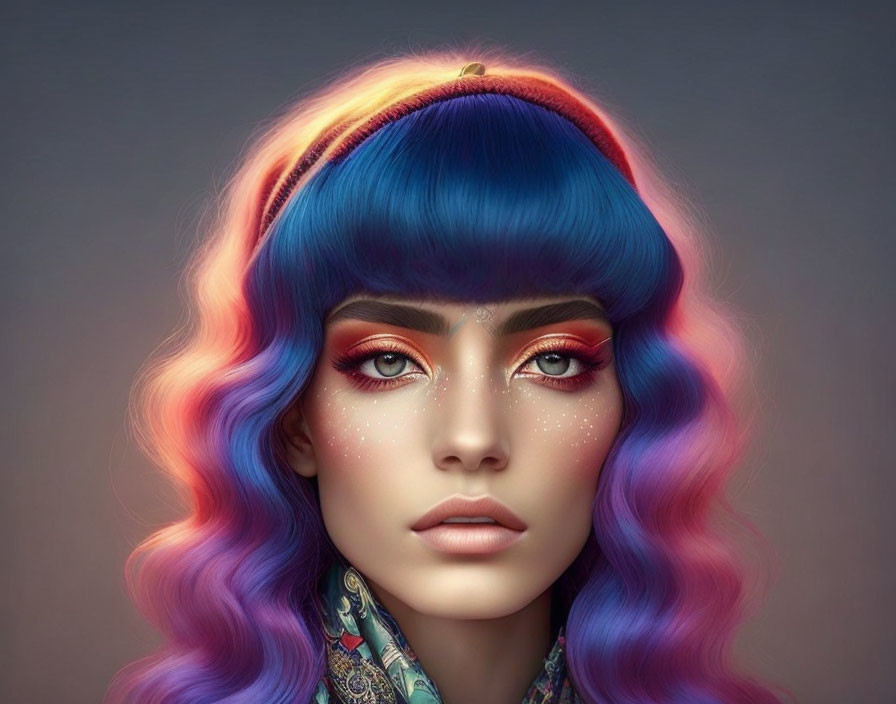 Vibrant rainbow-colored hair woman portrait with pink and blue makeup