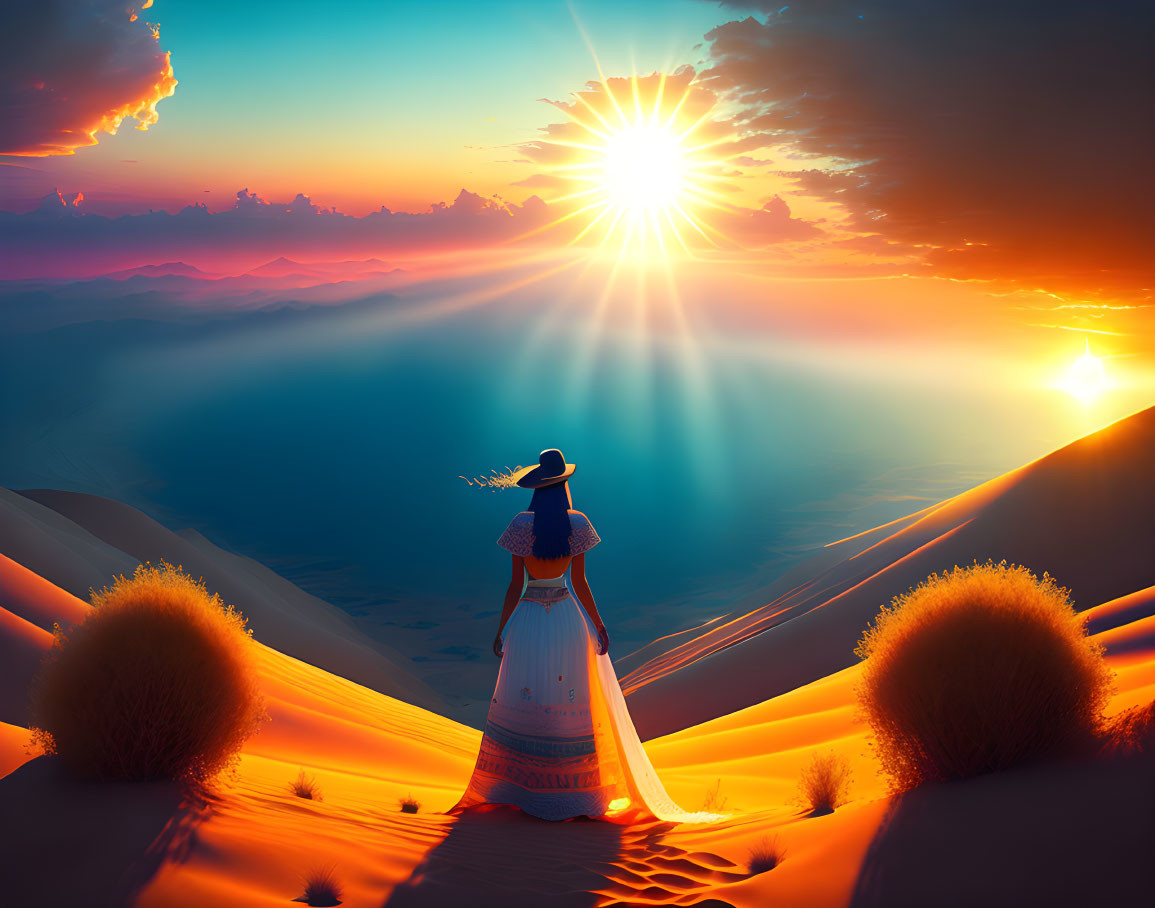 Woman in white dress and hat on sand dune at sunset with desert and mountains.
