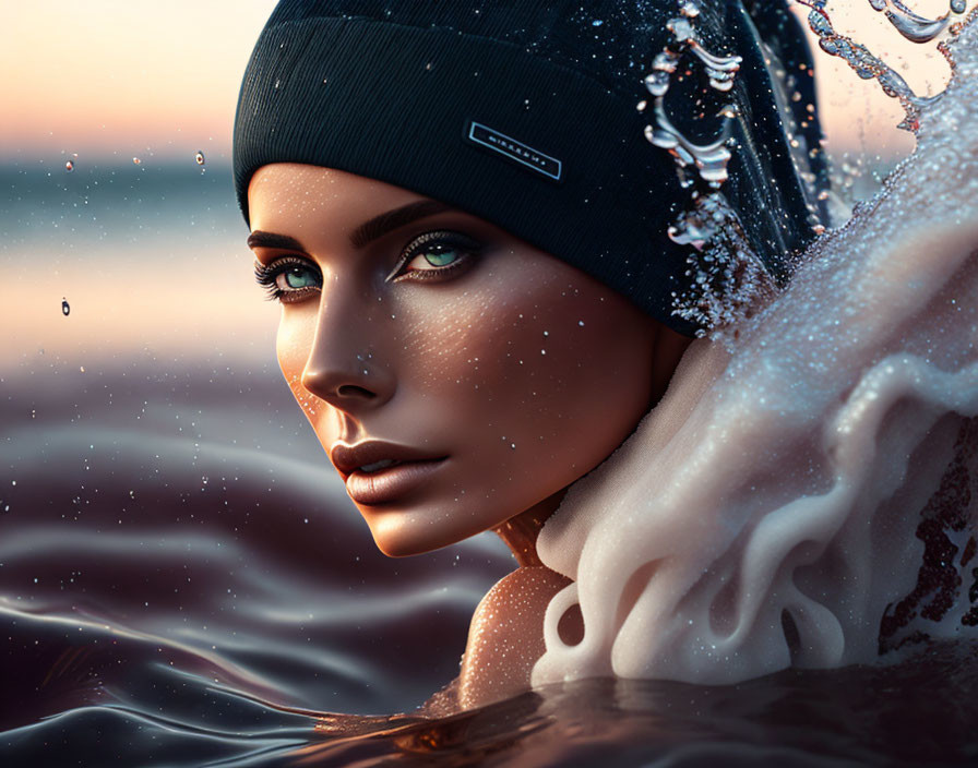 Photorealistic digital portrait of a woman with green eyes in water with splashes