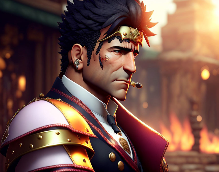 Stylized male character in regal uniform with spiky hair and monocle on fiery backdrop