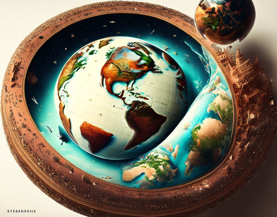 Colorful Earth depiction with opened sphere and intricate details