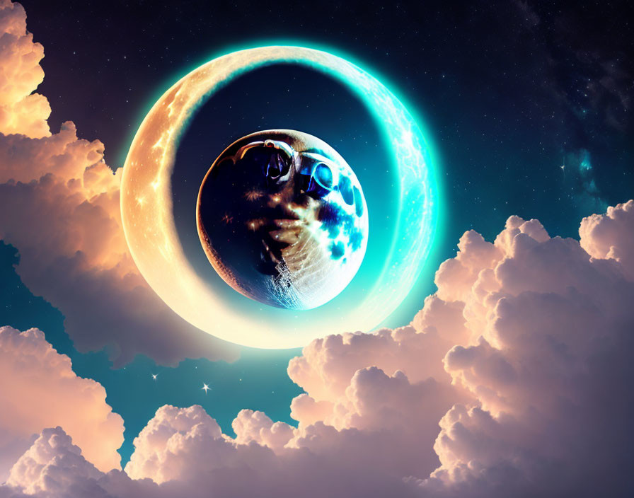 Digitally created Earth scene with glowing halo against starry sky and clouds.