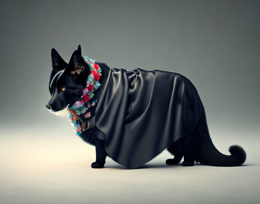 Black cat with floral collar and dark cape on gray background