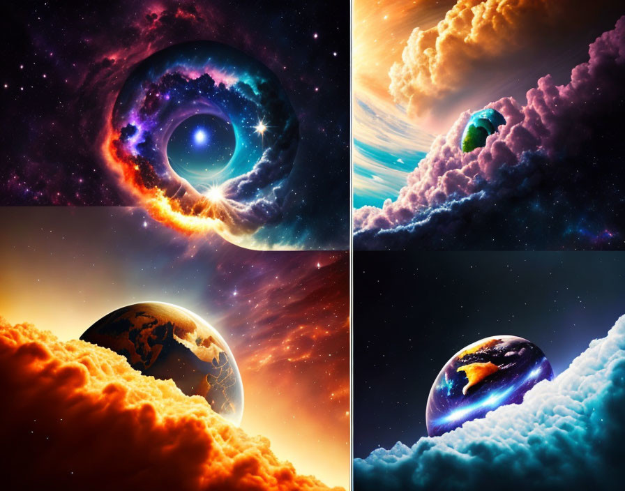 Four Vibrant Cosmic Scenes with Celestial Objects and Colorful Nebulas