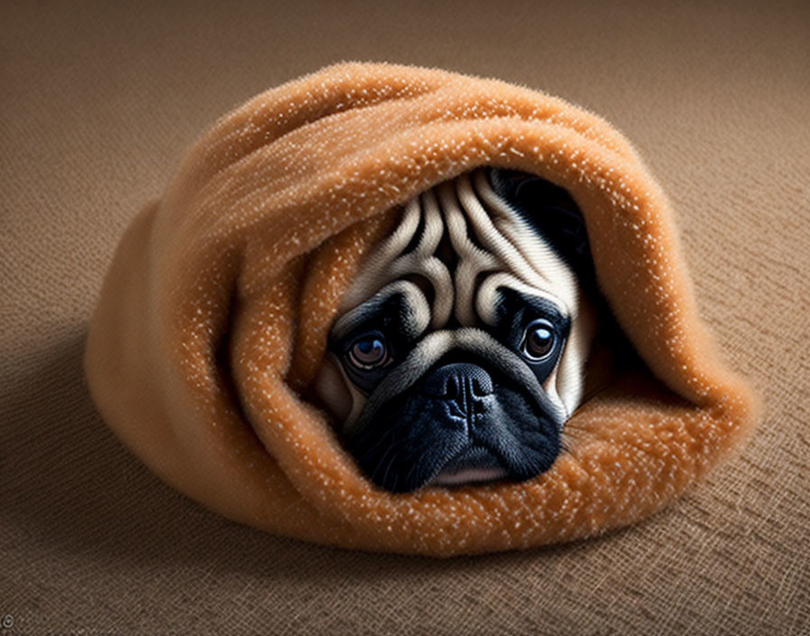 Adorable pug in beige blanket, cozy and snug!