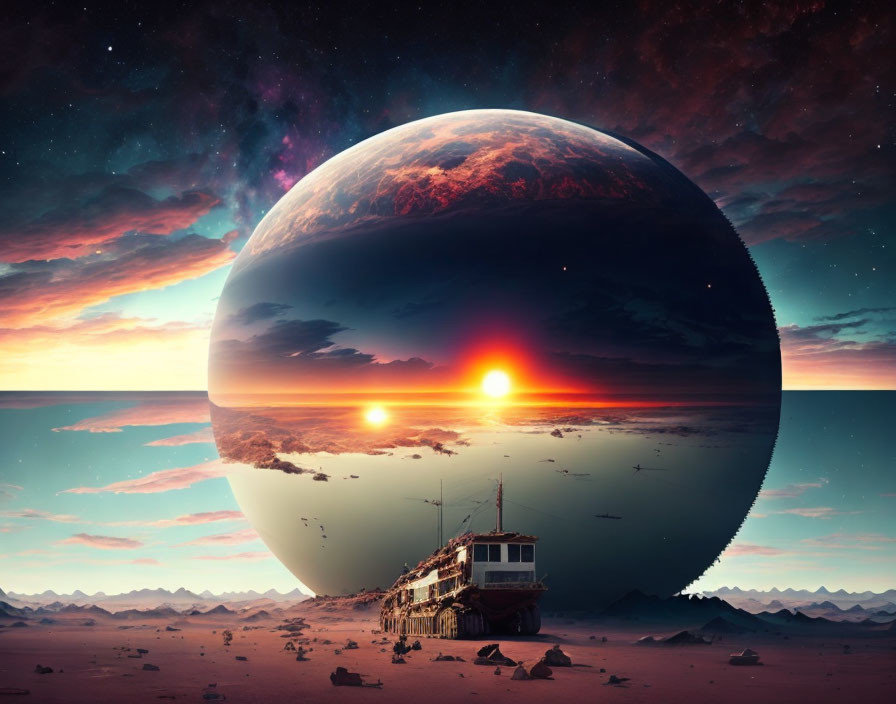 Desert landscape with giant planet, stranded bus, and sunset glow