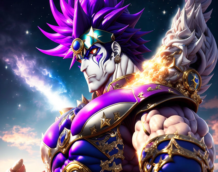 Purple spiky-haired animated character in golden armor against twilight sky.
