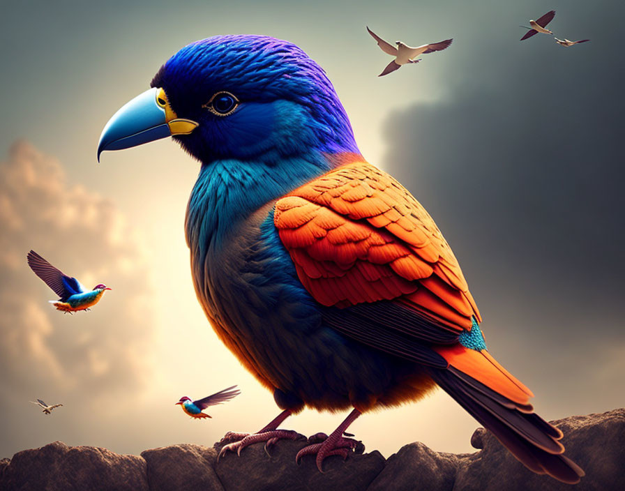 Colorful bird perched on rock with cloudy sky and flying birds