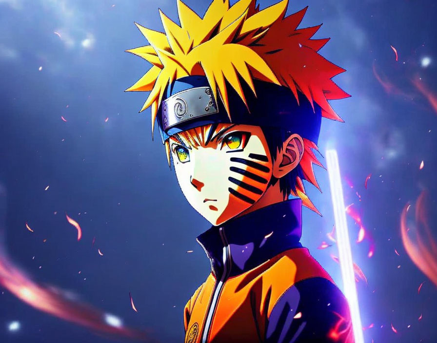 Spiky yellow and orange-haired animated character with glowing sword in dark background