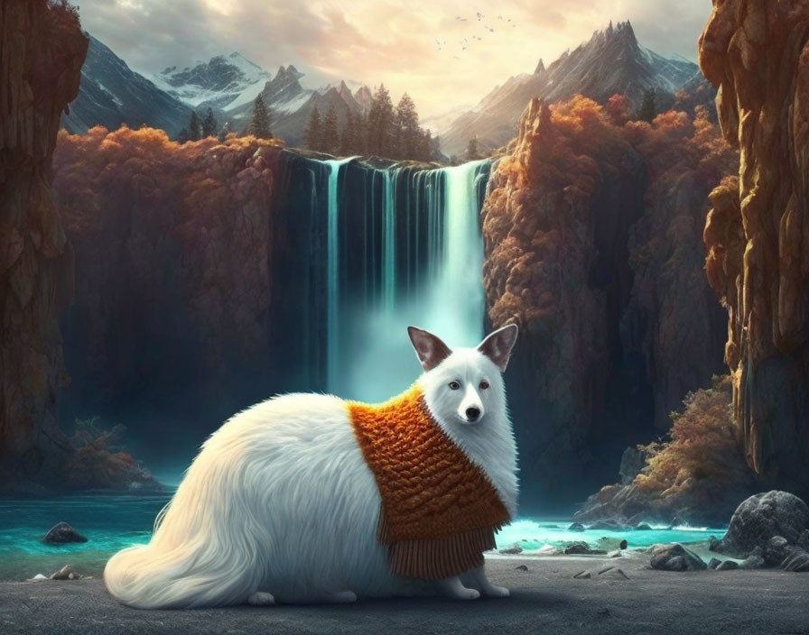 White Dog in Orange Sweater by Autumn Waterfall