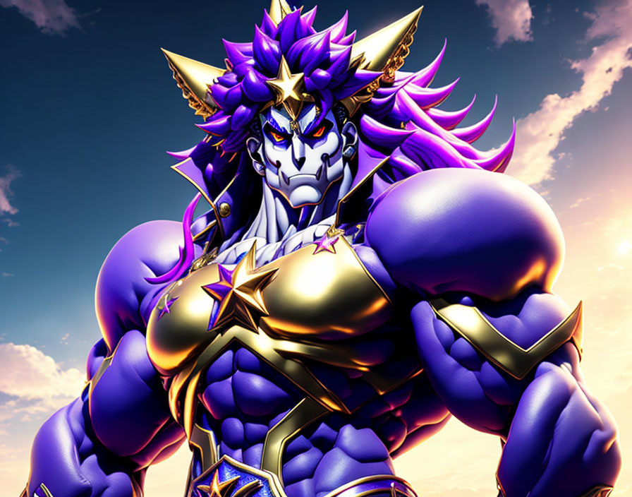 Purple-skinned character in golden armor with spiky blue hair against dramatic sky
