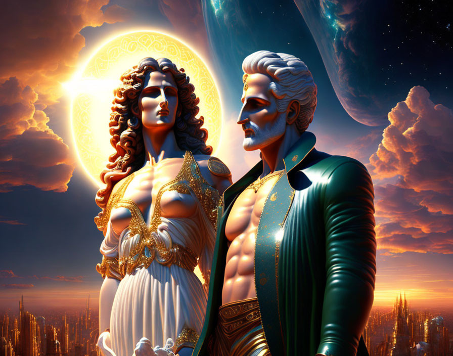 Man and woman in futuristic attire against vibrant sky with celestial body.