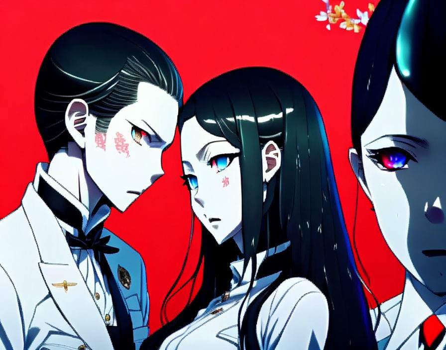 Anime characters with red markings, intense gazes, red & blue color palette