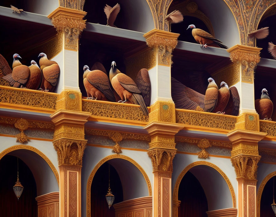 Elaborate feather patterns on pigeons perched on ornate balconies