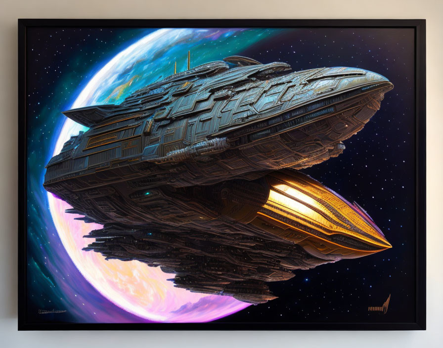 Detailed spaceship art with vibrant planet and nebula in space.