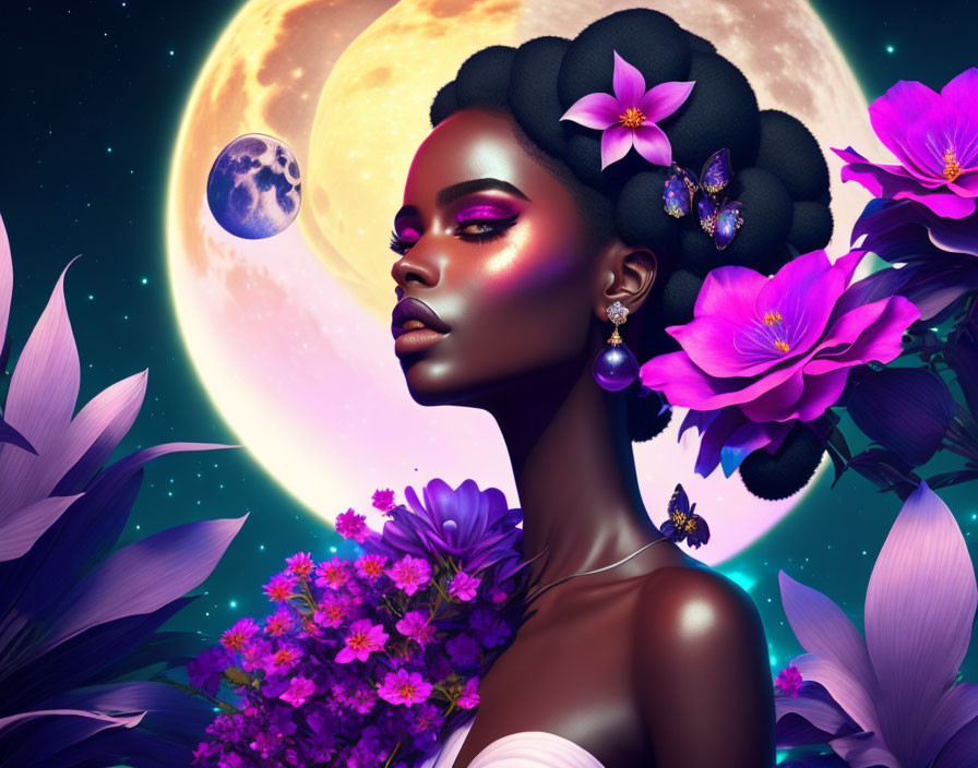 Illustrated portrait of woman with purple flowers in hair under moonlit sky.