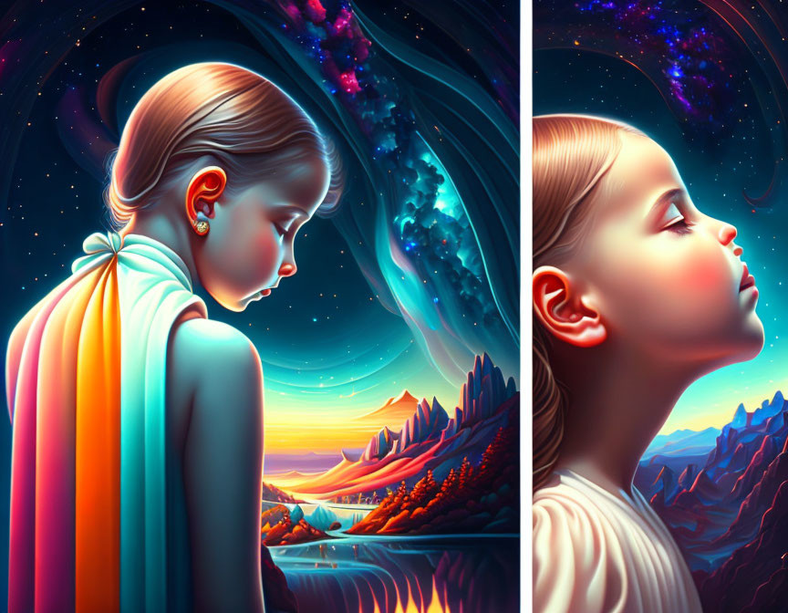 Vibrant digital artwork of girl in profile with cosmic landscape