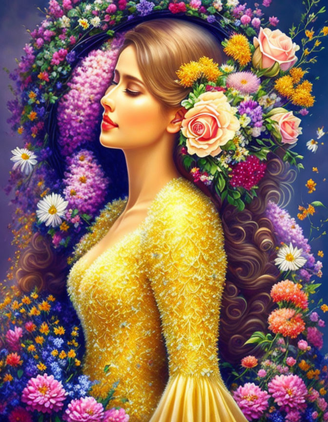 Woman in Yellow Dress Surrounded by Vibrant Flowers