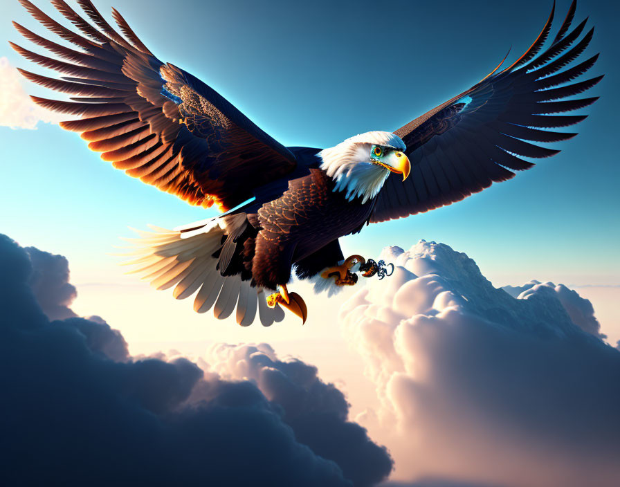 Majestic eagle flying above clouds at sunrise or sunset
