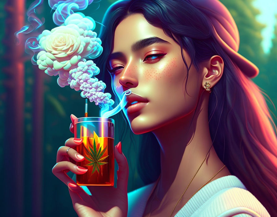 Stylized portrait of woman with freckles, smoking pipe, holding drink, rose in hair