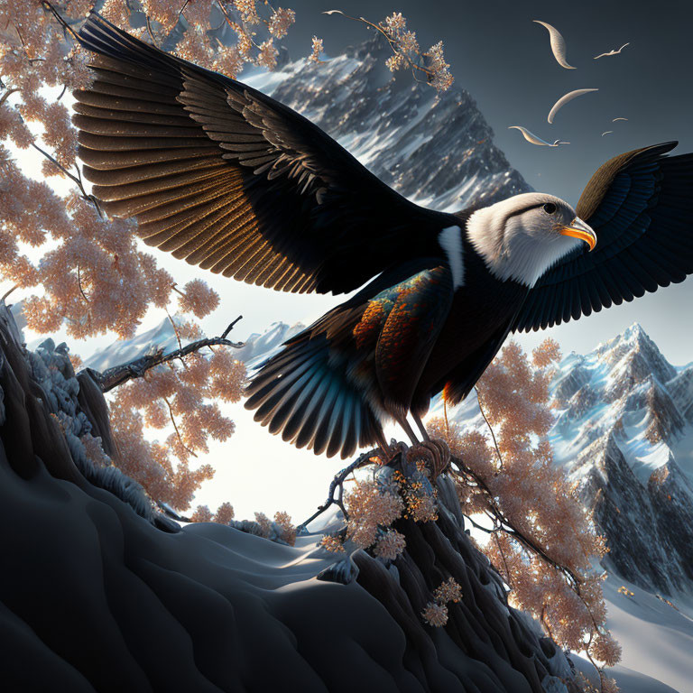 Majestic eagle soaring over snow-capped mountains and cherry blossoms