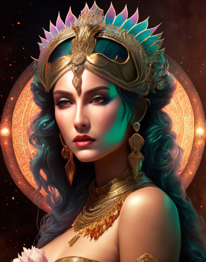 Teal-haired woman with gold crown in cosmic setting